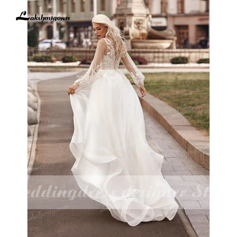 Boho Princess A-Line Wedding Dresses V Neck Longue Long Lantern Sleeve Robe De Soiree Simple Beach Wedding Gown Vestidos
