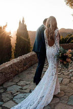 Charming Long Sleeve See Through Lace Rustic Mermaid Wedding Dress MW266