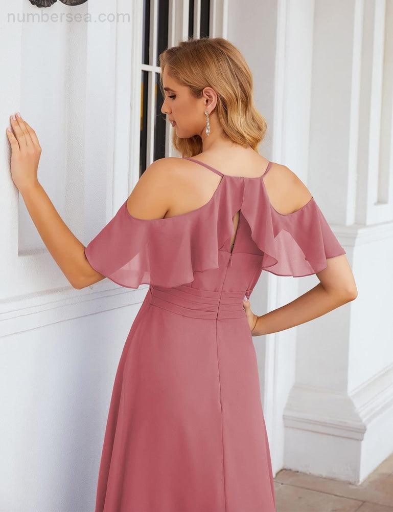 Chiffon Cold Shoulder Long Bridesmaid Dresses Plus Size Formal Prom Gowns for Women Party Wedding SEA28070