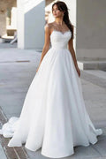 Abiti da sposa modesti in raso scintillante a linea ad A con scollo a cuore e perle MW1024