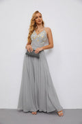 Ladies Halter Backless Ruffle V Neck Embroidery and Floor Length Bridesmaid Evening Dress Wedding 28079