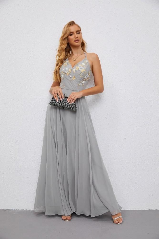 Ladies Halter Backless Ruffle V Neck Embroidery and Floor Length Bridesmaid Evening Dress Wedding 28079