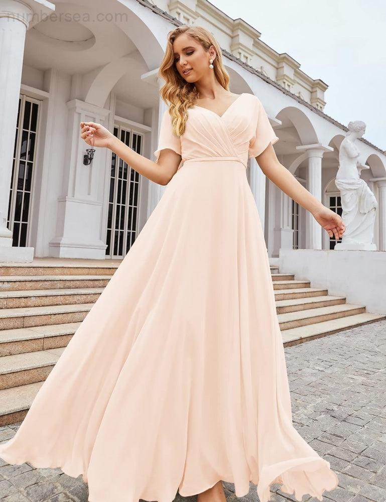 Wrap V-Neck Chiffon Bridesmaid Dresses Long Formal Maxi Evening Gown for Wedding Guests  SEA28049