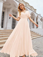 Wrap V-Neck Chiffon Bridesmaid Dresses Long Formal Maxi Evening Gown for Wedding Guests  SEA28049