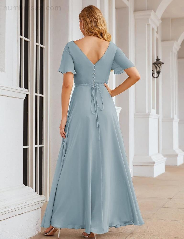 Wrap V-Neck Chiffon Bridesmaid Dresses Long Formal Maxi Evening Gown for Wedding Guests  SEA28049