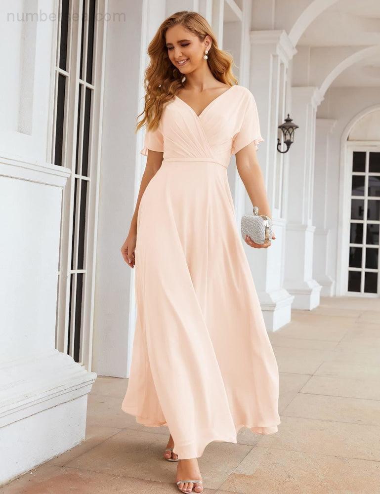 Wrap V-Neck Chiffon Bridesmaid Dresses Long Formal Maxi Evening Gown for Wedding Guests  SEA28049