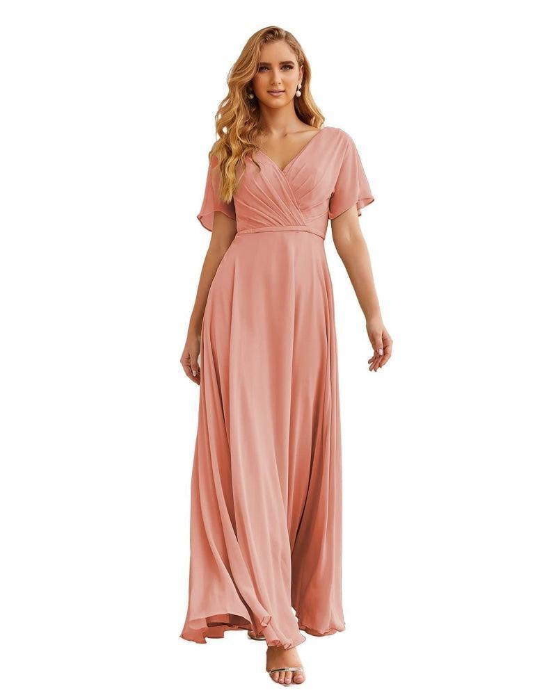 Wrap V-Neck Chiffon Bridesmaid Dresses Long Formal Maxi Evening Gown for Wedding Guests  SEA28049