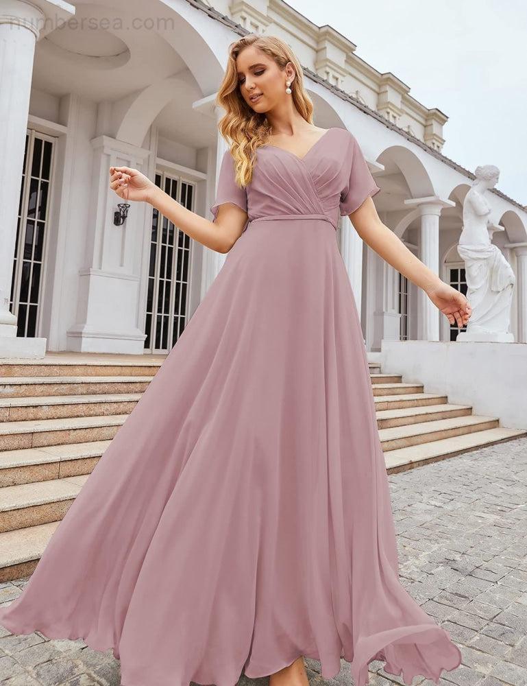 Wrap V-Neck Chiffon Bridesmaid Dresses Long Formal Maxi Evening Gown for Wedding Guests  SEA28049
