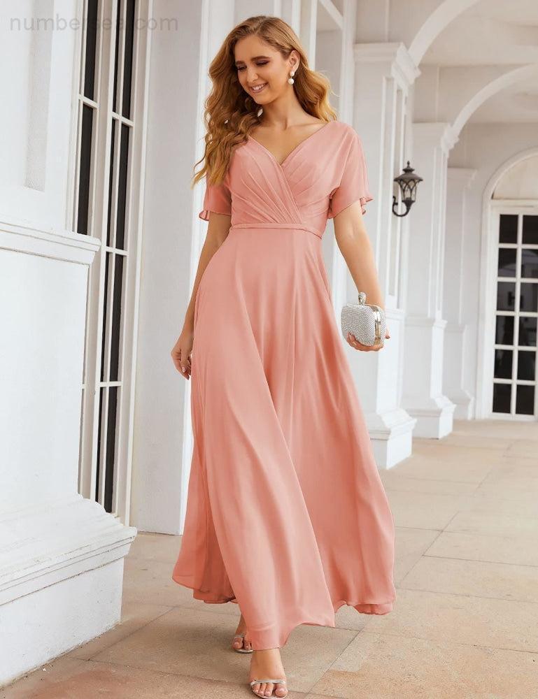 Wrap V-Neck Chiffon Bridesmaid Dresses Long Formal Maxi Evening Gown for Wedding Guests  SEA28049