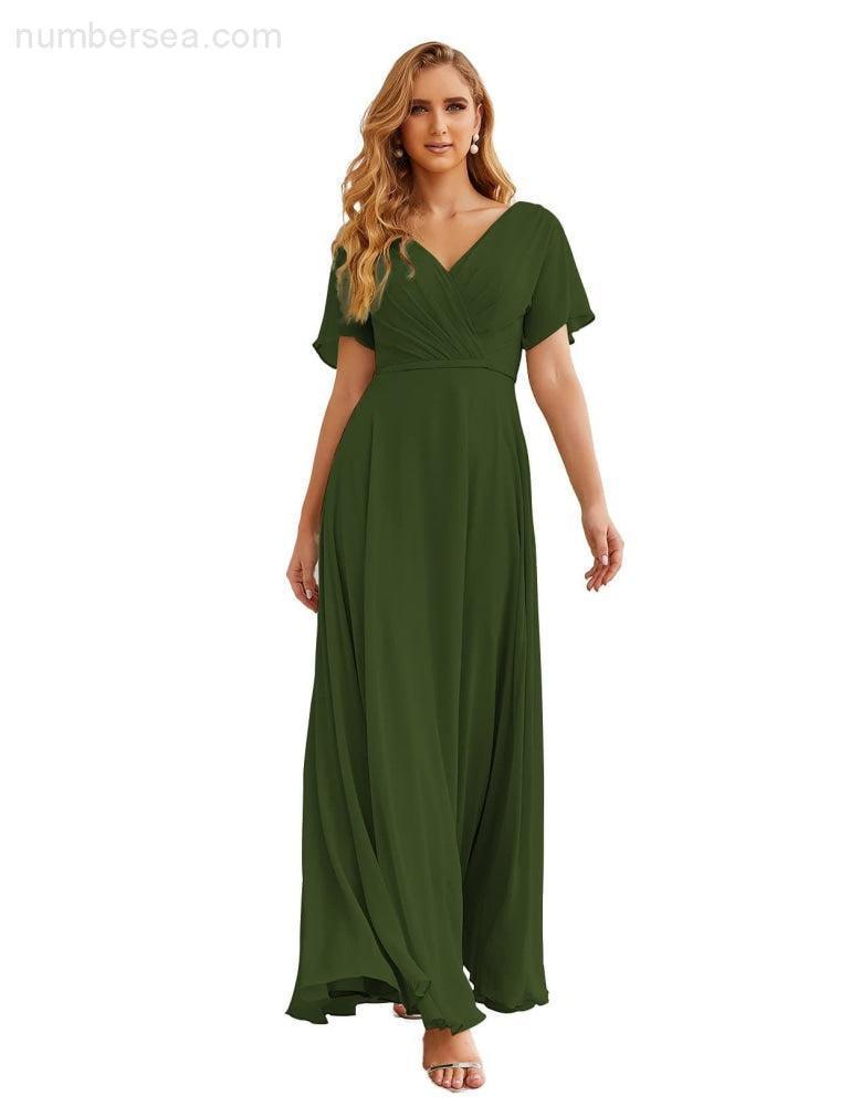 Wrap V-Neck Chiffon Bridesmaid Dresses Long Formal Maxi Evening Gown for Wedding Guests  SEA28049