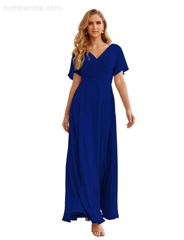 Wrap V-Neck Chiffon Bridesmaid Dresses Long Formal Maxi Evening Gown for Wedding Guests  SEA28049