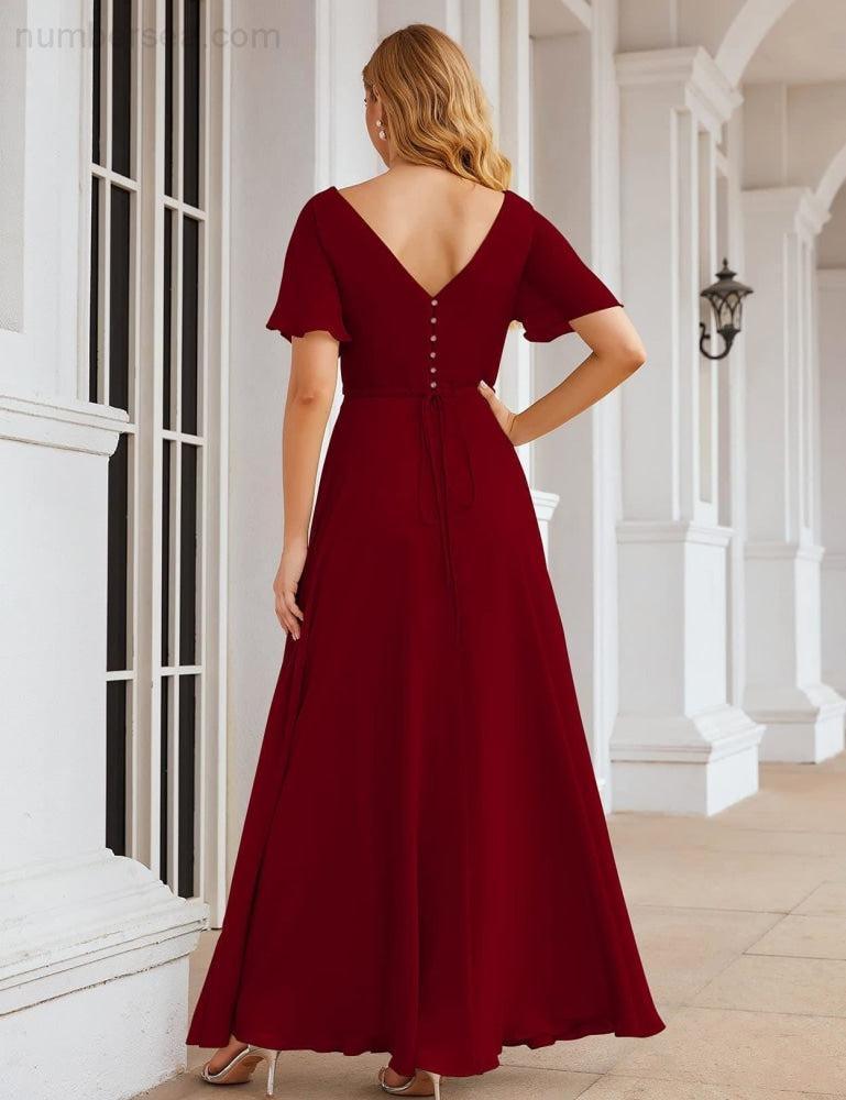 Wrap V-Neck Chiffon Bridesmaid Dresses Long Formal Maxi Evening Gown for Wedding Guests  SEA28049