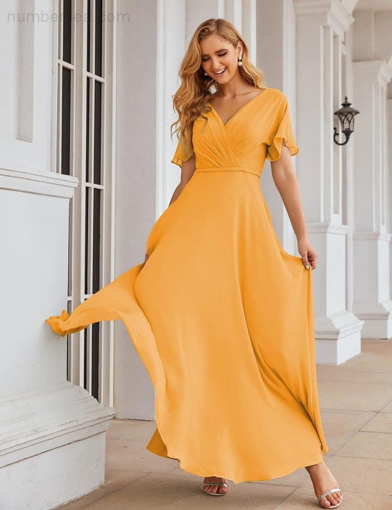 Wrap V-Neck Chiffon Bridesmaid Dresses Long Formal Maxi Evening Gown for Wedding Guests  SEA28049