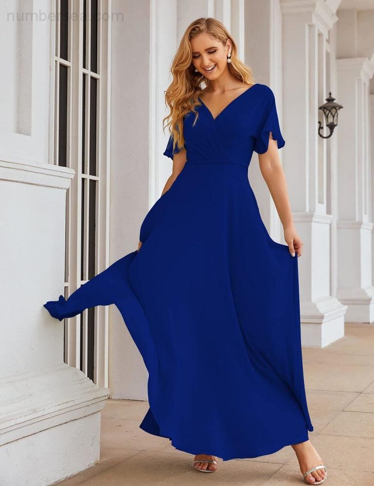 Wrap V-Neck Chiffon Bridesmaid Dresses Long Formal Maxi Evening Gown for Wedding Guests  SEA28049