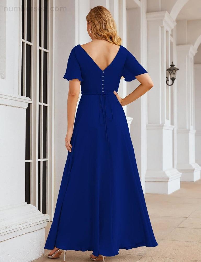 Wrap V-Neck Chiffon Bridesmaid Dresses Long Formal Maxi Evening Gown for Wedding Guests  SEA28049