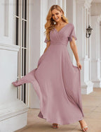 Wrap V-Neck Chiffon Bridesmaid Dresses Long Formal Maxi Evening Gown for Wedding Guests  SEA28049