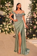 Robe de bal longue obsédante en sauge poussiéreuse avec fines bretelles spaghetti, dentelle et perles, fendue