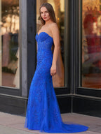 Evie | Vestido largo de fiesta con escote en forma de corazón de sirena y encaje con apliques