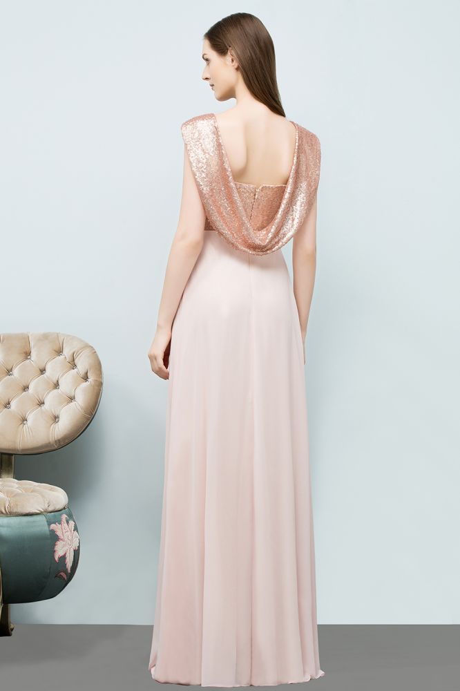 Abito da cerimonia lungo in chiffon con paillettes, scollo a cuore, spalline sottili e linea a trapezio senza spalle