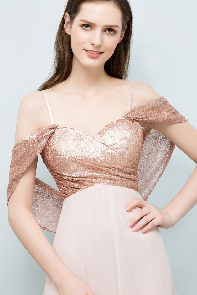 Abito da cerimonia lungo in chiffon con paillettes, scollo a cuore, spalline sottili e linea a trapezio senza spalle