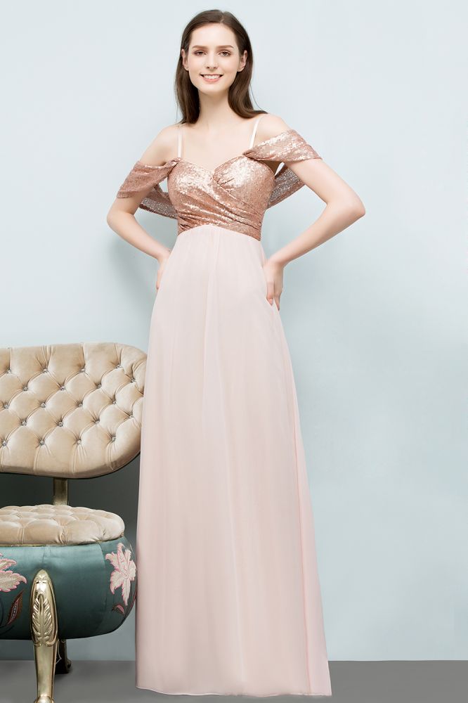 Abito da cerimonia lungo in chiffon con paillettes, scollo a cuore, spalline sottili e linea a trapezio senza spalle