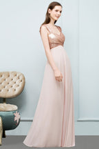 Abito da cerimonia lungo in chiffon con paillettes, scollo a cuore, spalline sottili e linea a trapezio senza spalle
