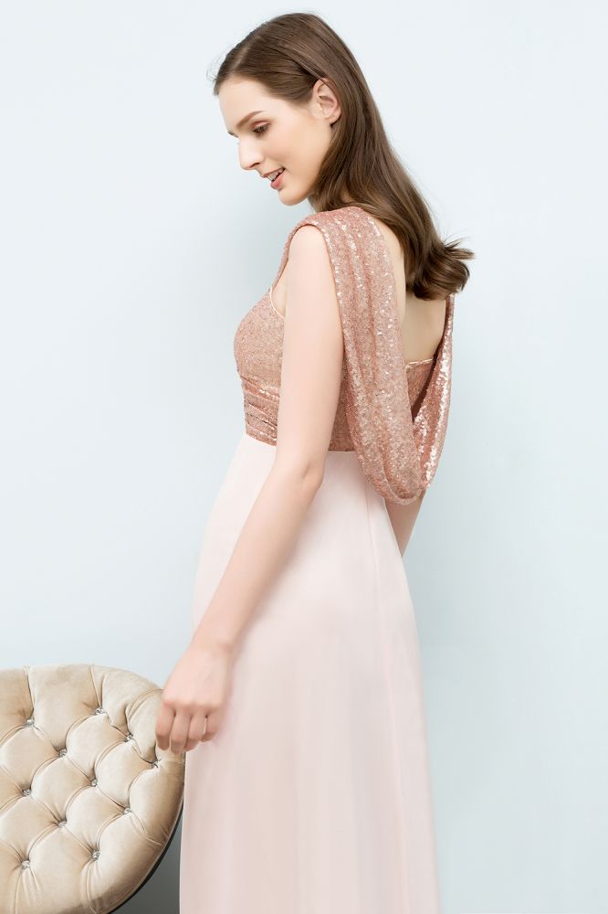 Abito da cerimonia lungo in chiffon con paillettes, scollo a cuore, spalline sottili e linea a trapezio senza spalle