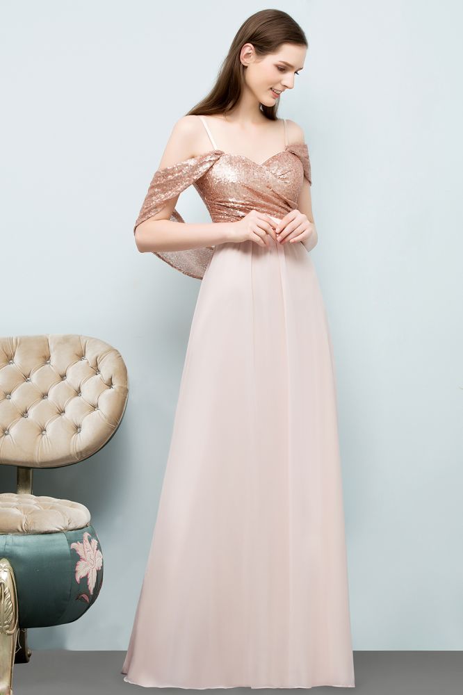 Abito da cerimonia lungo in chiffon con paillettes, scollo a cuore, spalline sottili e linea a trapezio senza spalle