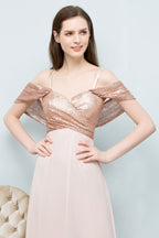 Abito da cerimonia lungo in chiffon con paillettes, scollo a cuore, spalline sottili e linea a trapezio senza spalle
