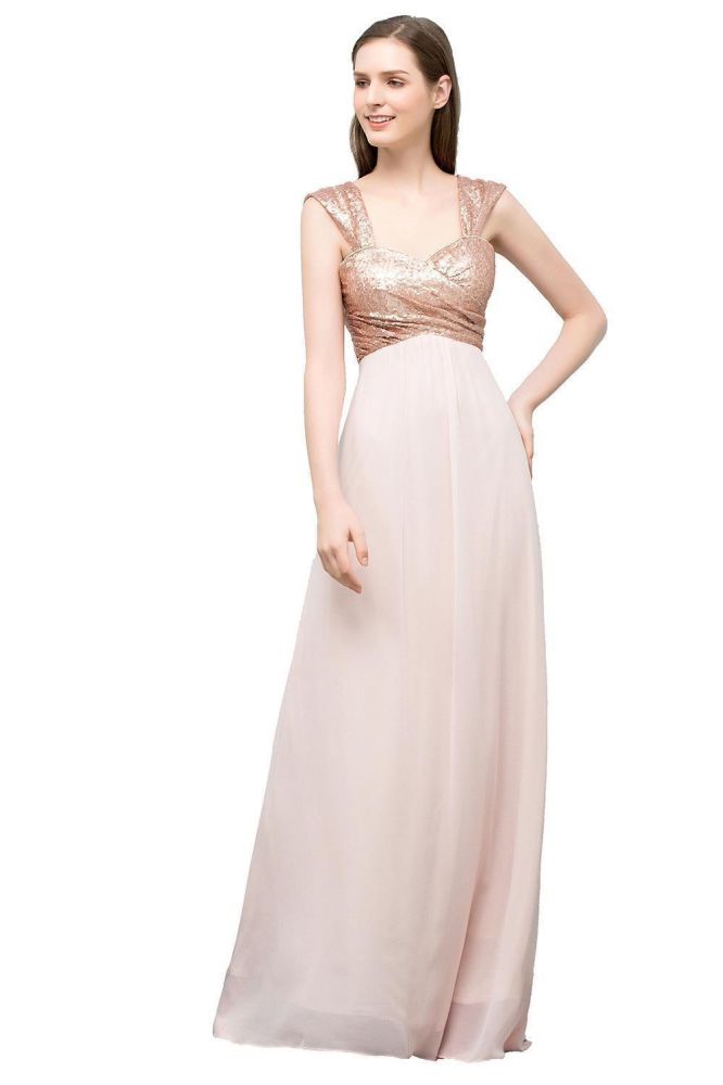 Abito da cerimonia lungo in chiffon con paillettes, scollo a cuore, spalline sottili e linea a trapezio senza spalle