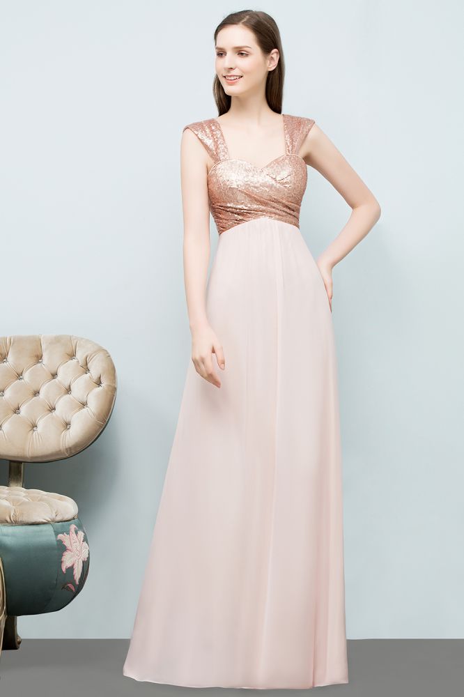 Abito da cerimonia lungo in chiffon con paillettes, scollo a cuore, spalline sottili e linea a trapezio senza spalle