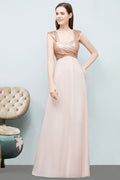 Abito da cerimonia lungo in chiffon con paillettes, scollo a cuore, spalline sottili e linea a trapezio senza spalle