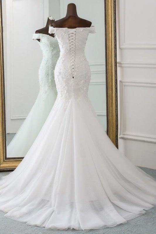 Robes de mariée élégantes sirène jolies avec appliques et laçage épaules dénudées