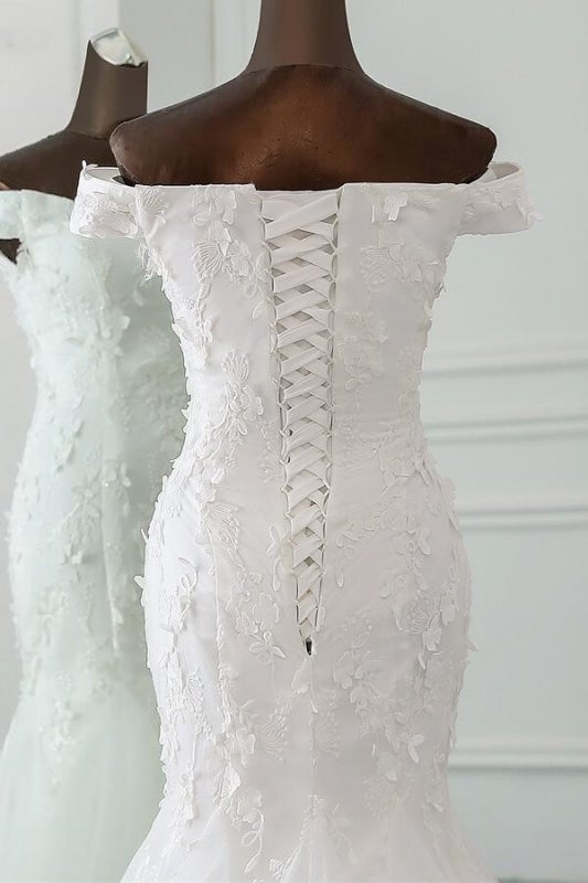 Robes de mariée élégantes sirène jolies avec appliques et laçage épaules dénudées