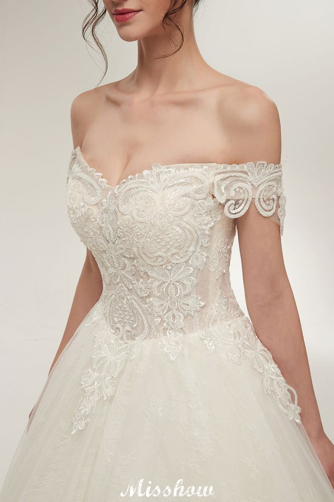 Vestidos de Noiva com Aplicações de Renda, Comprimento até ao Chão, Decote Coração, Ombros Descobertos, Corte em A e Fecho de Atar
