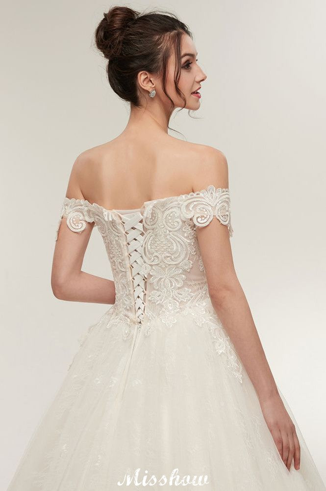 Vestidos de Noiva com Aplicações de Renda, Comprimento até ao Chão, Decote Coração, Ombros Descobertos, Corte em A e Fecho de Atar