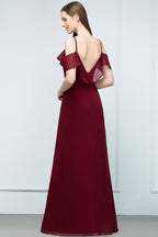 Off-shoulder V-neck A-line Spaghetti Long Chiffon Prom Dresses