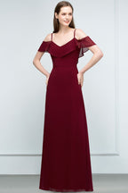 Off-shoulder V-neck A-line Spaghetti Long Chiffon Prom Dresses