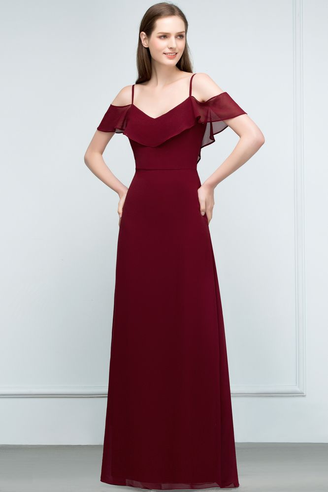 Off-shoulder V-neck A-line Spaghetti Long Chiffon Prom Dresses