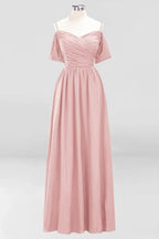 Schulterfreies A-Linien Chiffon-Kleid für Brautjungfern, bodenlanges Hochzeitsgastkleid