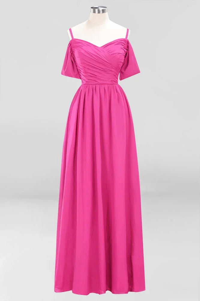 Schulterfreies A-Linien Chiffon-Kleid für Brautjungfern, bodenlanges Hochzeitsgastkleid
