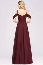 Schulterfreies A-Linien Chiffon-Kleid für Brautjungfern, bodenlanges Hochzeitsgastkleid