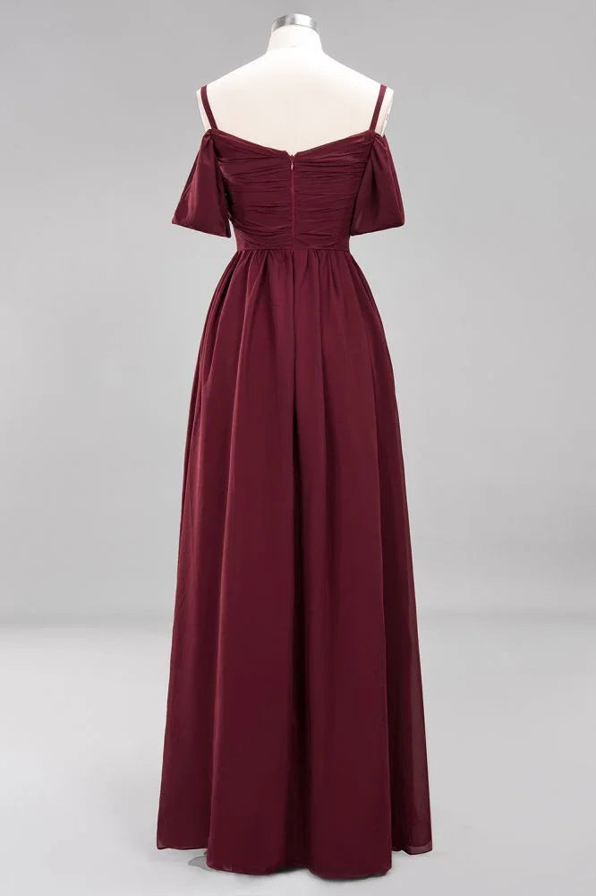 Schulterfreies A-Linien Chiffon-Kleid für Brautjungfern, bodenlanges Hochzeitsgastkleid