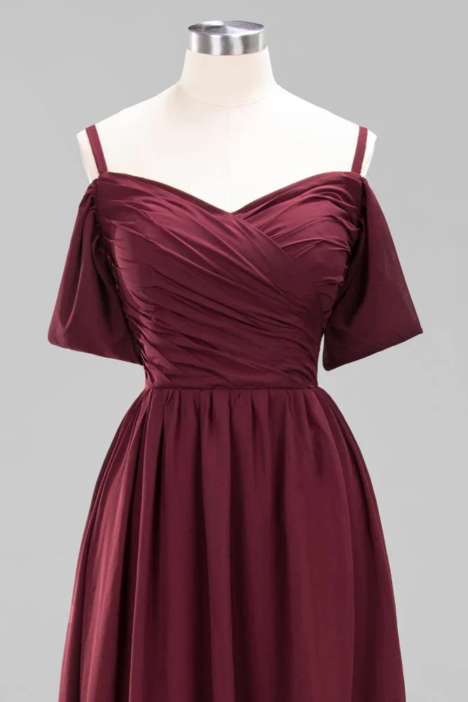 Schulterfreies A-Linien Chiffon-Kleid für Brautjungfern, bodenlanges Hochzeitsgastkleid