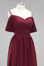 Schulterfreies A-Linien Chiffon-Kleid für Brautjungfern, bodenlanges Hochzeitsgastkleid