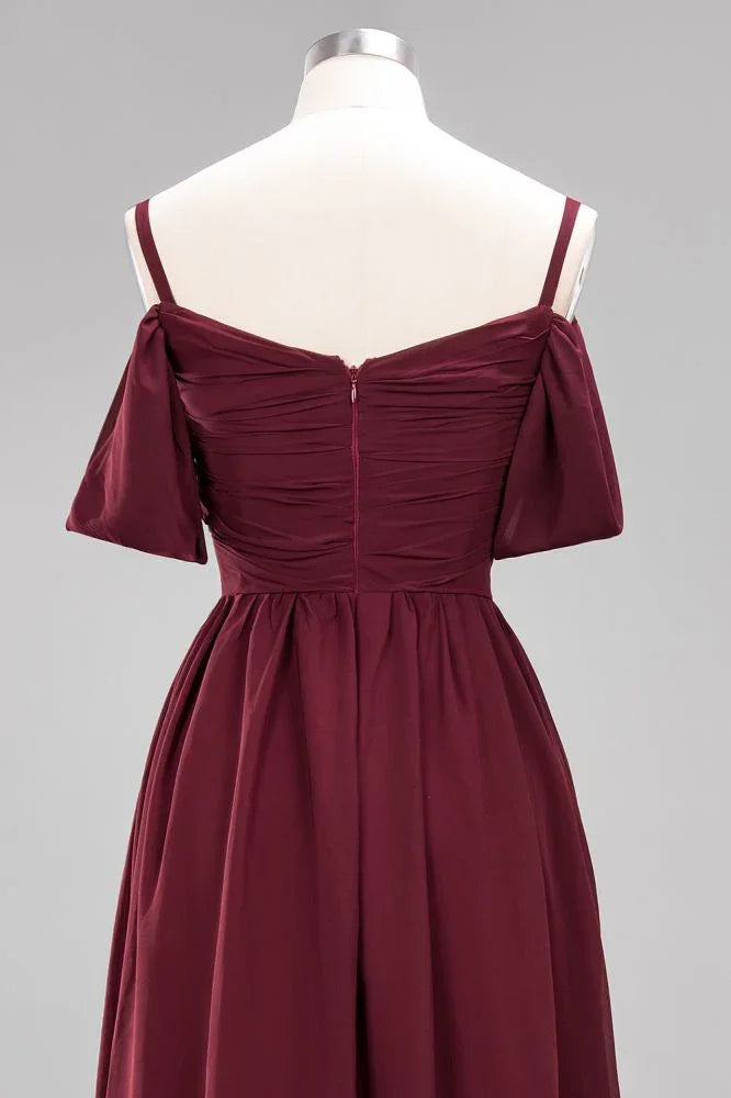 Schulterfreies A-Linien Chiffon-Kleid für Brautjungfern, bodenlanges Hochzeitsgastkleid