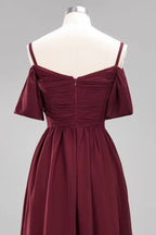 Schulterfreies A-Linien Chiffon-Kleid für Brautjungfern, bodenlanges Hochzeitsgastkleid