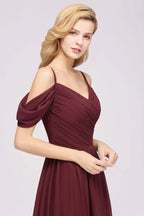 Schulterfreies A-Linien Chiffon-Kleid für Brautjungfern, bodenlanges Hochzeitsgastkleid