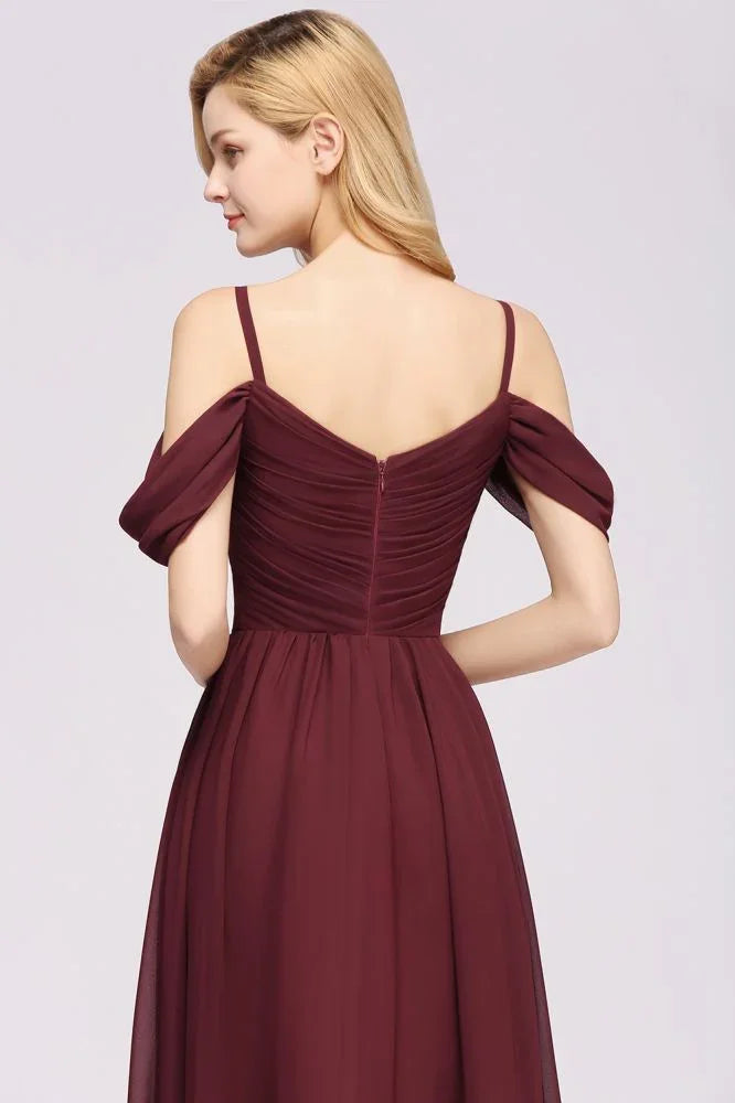 Schulterfreies A-Linien Chiffon-Kleid für Brautjungfern, bodenlanges Hochzeitsgastkleid