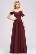 Schulterfreies A-Linien Chiffon-Kleid für Brautjungfern, bodenlanges Hochzeitsgastkleid